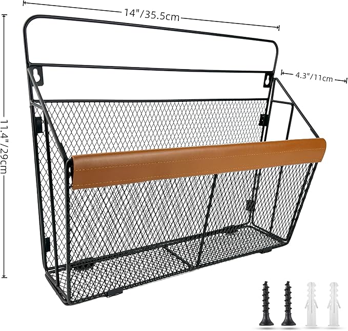 Leather-Accented Wall File Holder, Art Deco Wall-Mounted Magazine Rack, Hanging Mail Organizer, Metal Wire Hanging File Organizer for Home, School, Office, Hanging Folder Organizer