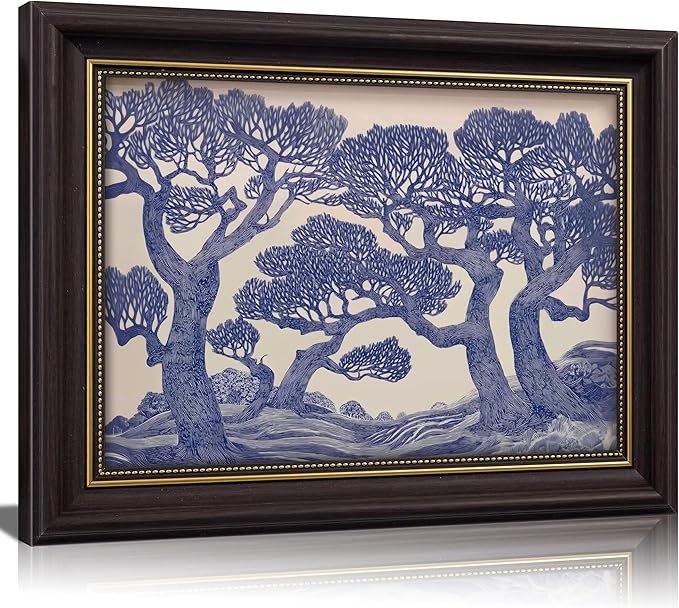 Vintage Gold Framed Wall Art Oak Tree Forest Painting Canvas Prints Blue Woodland Nature Landscape Picture Moody Botanical Poster Artwork for Living Room Bedroom, 9x11in