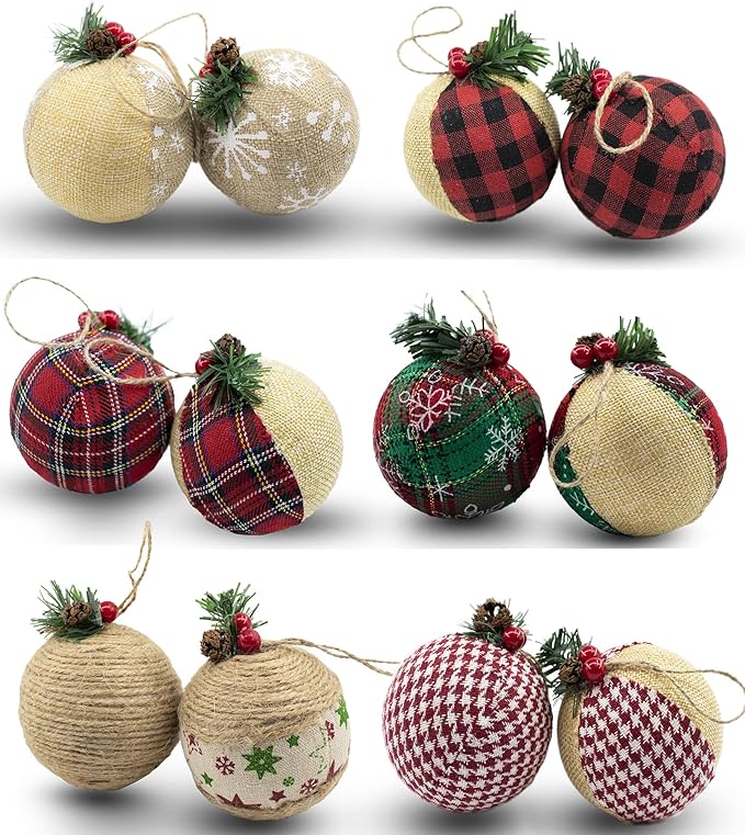 Burlap Christmas Hanging Ornaments, Farmhouse Rustic Christma Decorations, Natural Jute Ball Ornaments for Xmas Holiday Party Home Decor 12Pcs