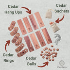 Essential Cedar Bundle | Natural Cedar Blocks for Clothes Storage | Eco Friendly Cedarwood for Closets | Moth Ball Alternative | 58 Total Pieces - 8 Hang Ups, 24 Rings, 24 Balls & 2 Sachets