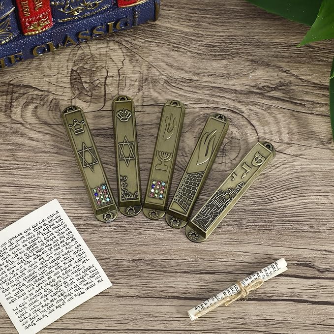 Kichvoe 5 Sets Mezuzah for Door with Scrolls: Vintage Religious Metal Mezuzah Cases - Easy Install Doorpost Scripture Scroll Decor House Warming Blessing Hanukkah Decoration