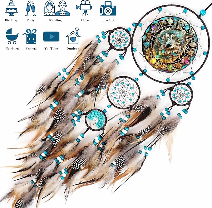 Wolf Dream Catchers,Large Dream Catcher for Bedroom Adult,Dreamcatcher for Wall Hangings,Teen Dorm Room Decor Festival Gift,Decor for Office, Room, Home (Wolf Dream Catchers)