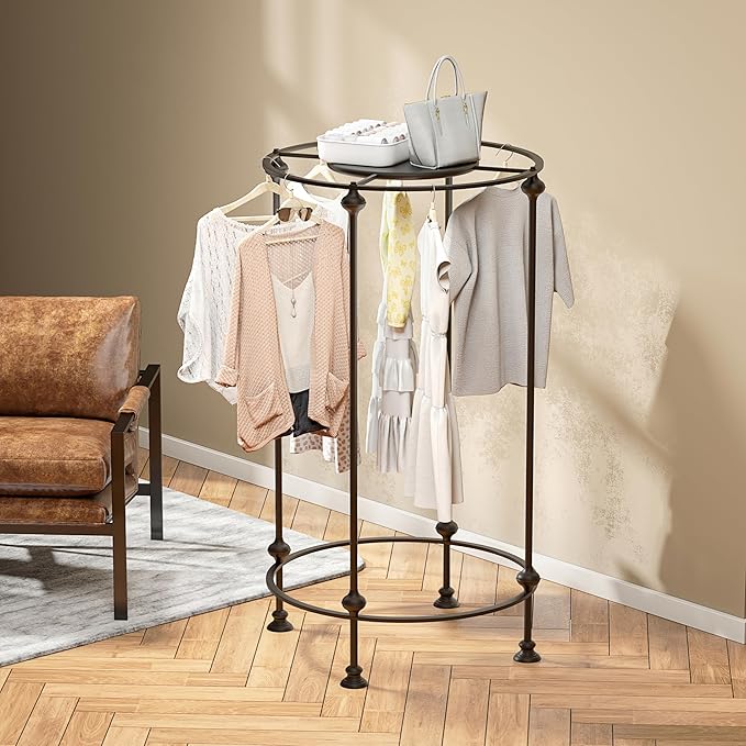 Round Clothes Display Retail Rack, Floor-Standing Heavy-Duty Garment Hanging Rack, Clothing Racks with Topper, Multi-Purpose Clothing Organizer for Boutique Retail Store Laundry Home Black