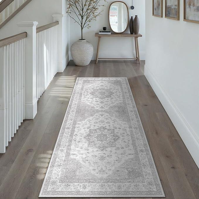 Grey Gray Runner Rug 2x6 Washable Vintage Long Carpet for Hallway Kitchen Soft Retro Low Pile Thin Indoor Runner Non Slip Oriental Medallion Throw Rug for Bathroom Bedroom Laundry Dining Room