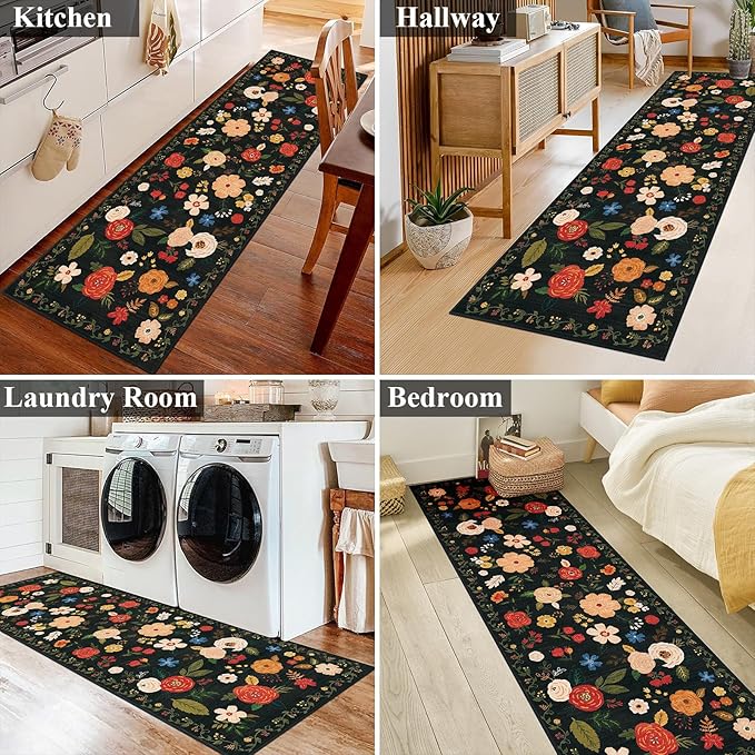 U'Artlines 2'x6' Boho Runner Rug for Hallways Kitchen Colorful Floral Soft Non Slip Washable Floor Carpet Runners for Entryway Laundry Room Bathroom Black Green