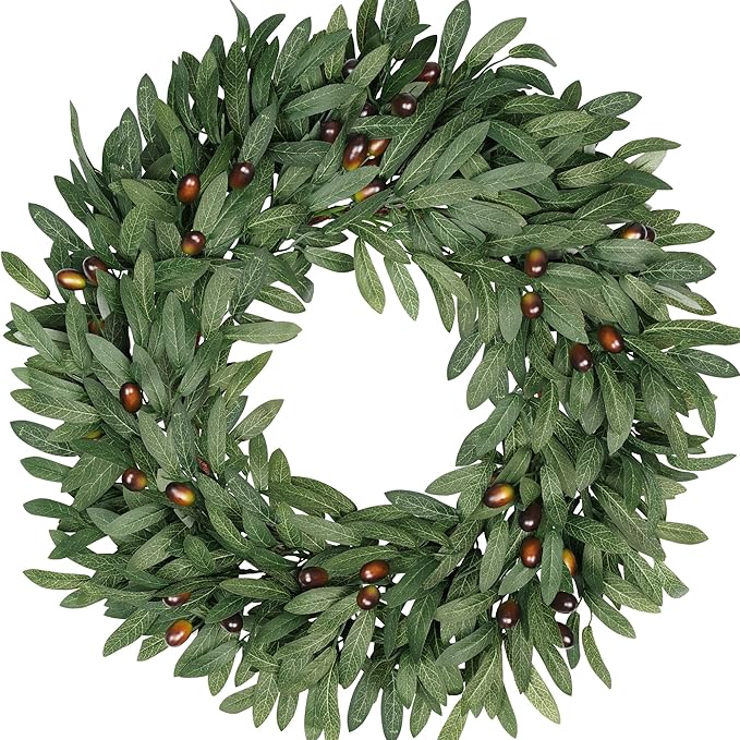 Olive Eucalyptus Wreaths for Front Door 22 Inch, Artificial Waterproof Green Olive Branch Wreath with Berry for Home Outdoor Indoor Farmhouse Window Spring Summer All Seasons