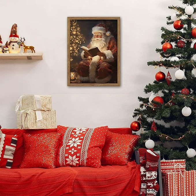 Framed Santa Christmas Wall Art, Vintage Santa Claus Reading Canvas Paintings, Christmas Print, Rustic Winter Holidays Decor, Farmhouse Christmas Pictures Wall Decor – 12x16in