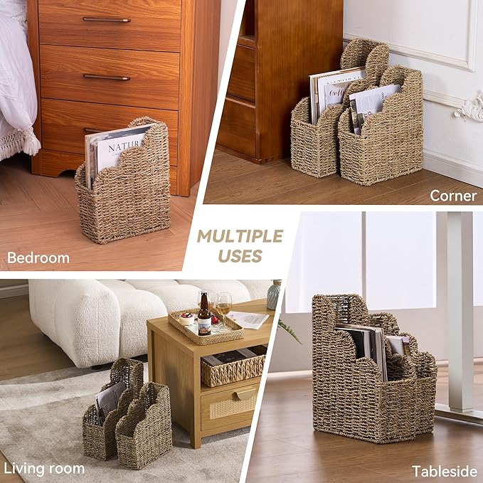 BROWNLILY Scalloped Magazine Holder Set of 2 - Natural Handwoven Seagrass Book Baskets for Bedroom, Bathroom, Living Room, Home, Office - Home Organization and Storage