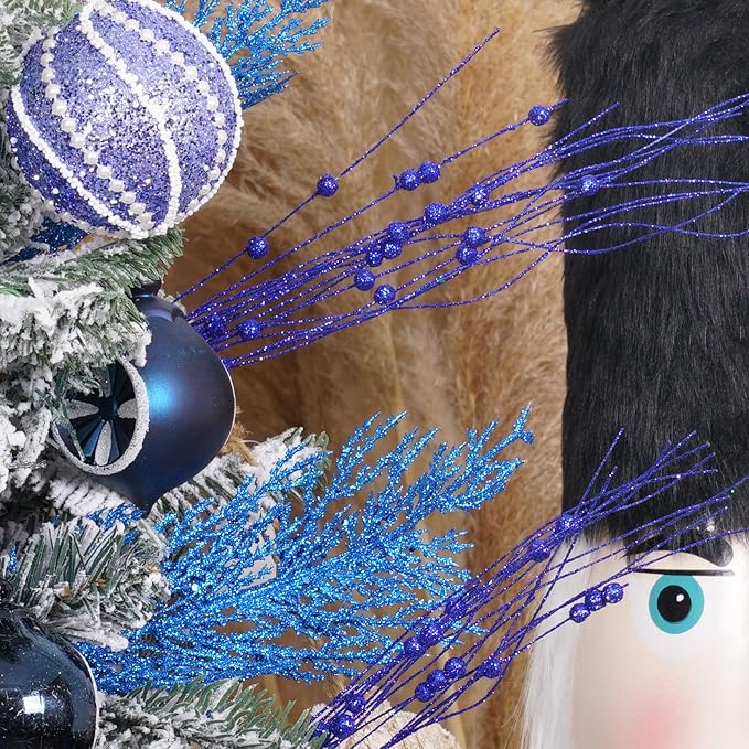 SLK 16-Pack Artificial Glitter Berry Stem Ornaments, Christmas Decorative Glittery Twigs, Picks, Branches for Tree, Wreath, Small Vase, Halloween Party (Royal Blue)
