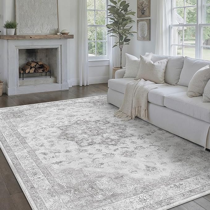 Grey Gray Area Rug 5x7 Washable Vintage Carpet for Living Room Office Soft Retro Low Pile Thin Indoor Rug Non Slip Oriental Medallion Floor Cover for Bedroom Dining Room
