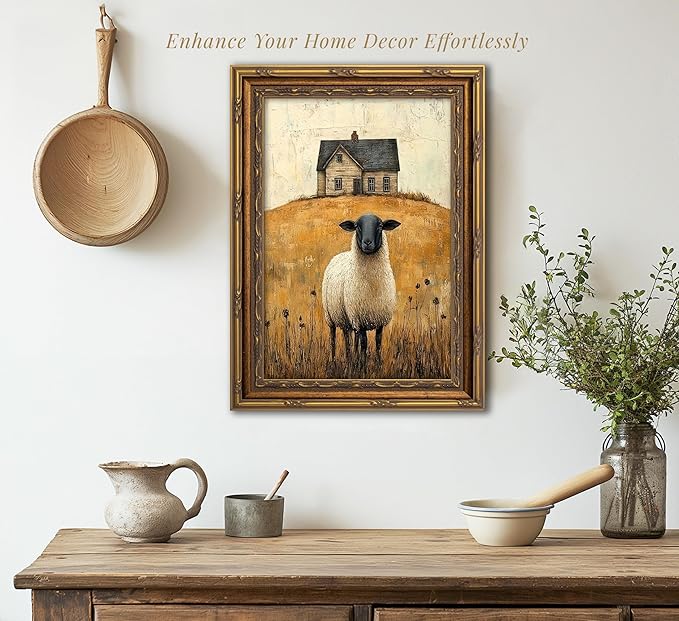 Vintage Gold Framed Wall Art Retro Country Sheep Oil Painting Canvas Prints Farmhouse Landscape Picture Wall Decor Rustic Farmhouse Animal Poster Artwork for Living Room Bedroom Bathroom, 12x16in