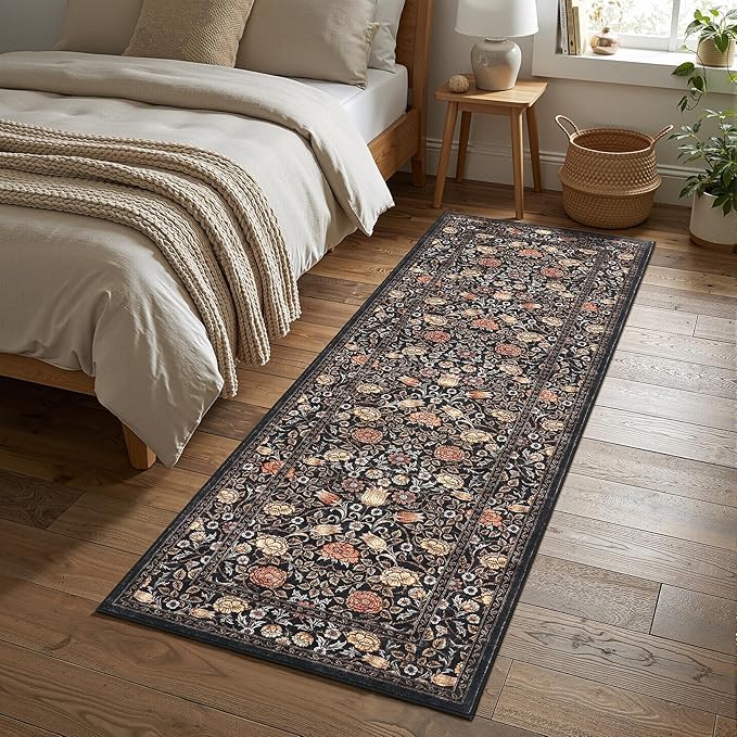 GarveeHome Brown Vintage Floral 2x6 Runner Rug Washable Kitchen Rugs Non Slip Black Boho Long Rug for Hallways Bedroom Entryway Bathroom Mat with Rubber Back