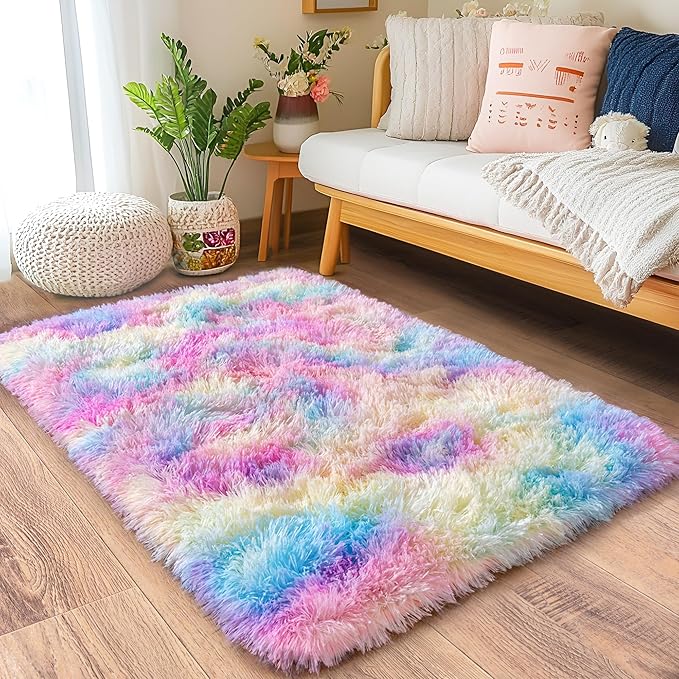 Small Area Rug, 2x3 Rainbow Rug for Bedroom Shaggy Throw Rugs for Girls Room, Soft Carpet for Kids Room, Plush Non-Slip Fluffy Bedside Rug for Living Room Nursery Dorm Home Decor