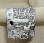 Brilliant Sunshine Grey Flowers Patchwork Couch Armrest 5 Pockets Organizer, Slip Resistant Recliner Armchair Caddy, Washable Remote Controls Holder, Storage for Magazine, Tablet, Phone, iPad, Grey