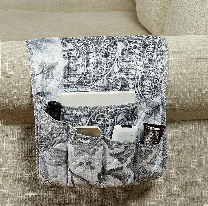 Brilliant Sunshine Grey Flowers Patchwork Couch Armrest 5 Pockets Organizer, Slip Resistant Recliner Armchair Caddy, Washable Remote Controls Holder, Storage for Magazine, Tablet, Phone, iPad, Grey