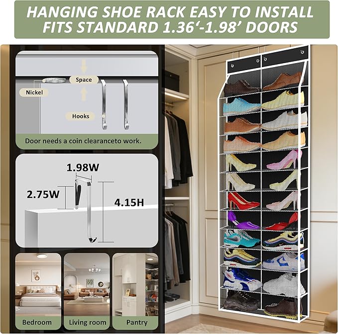 24-Pair Over Door Shoe Organizer for Family & Kids, Double Sided | Hanging Storage for Sneakers, Boots, Toys & Room Organization-Obsidian Black