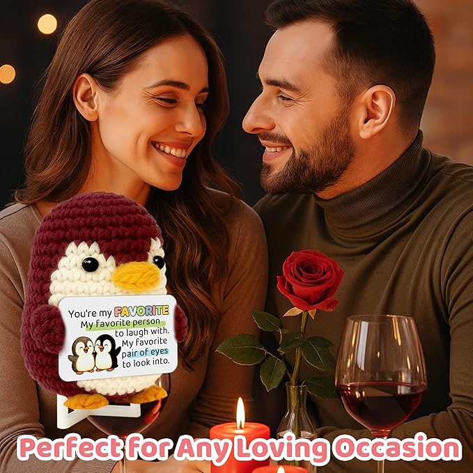Crimmy Valentines Day Gifts for Him Her, Crochet Tiny Penguin Anniversary Birthday Gift for Boyfriend Girlfriend Wife Husband, I Love You Romantic Gifts for Women Men Couple (Love red Penguin)
