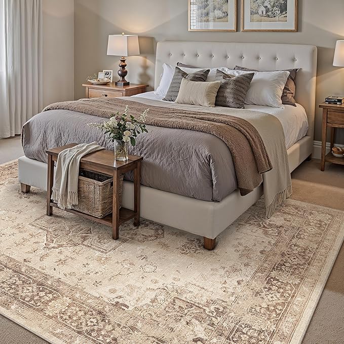 Brown 8x10 Area Rug Washable Vintage Living Room Carpet Non Slip Retro Distressed Low Pile Soft Oriental Medallion Thin Large Throw Rug for Office Bedroom Dining Room Playroom