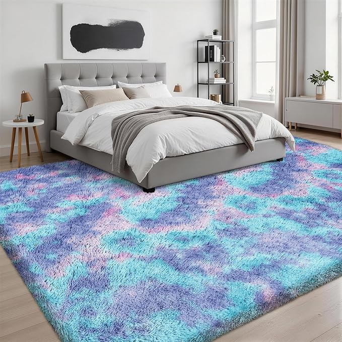 Fluffy Area Rugs 9x12 Living Room Bedroom: Ultra Soft Shag Rug Upgrade Non-Slip Non-Shedding Large Fuzzy Plush Carpet Indoor Floor Carpets for Kids Room Playroom Nursery Dorms Home Rainbow Purple