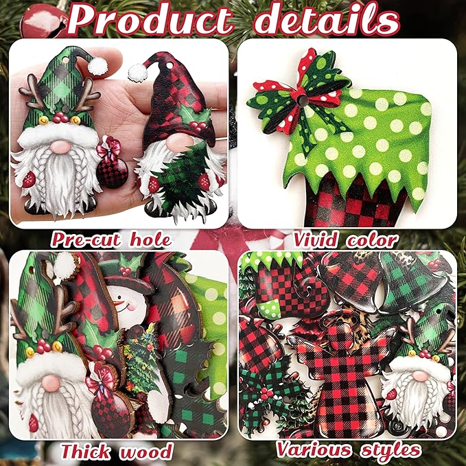 JOPHMO 24 Pieces Christmas Wood Ornaments Snowflake Gnome Snowman Truck Wooden Hanging Ornaments Christmas Tree Cutouts Wood Crafts Holiday Decor Xmas Party Supplies (Xmas-Mixed-A)