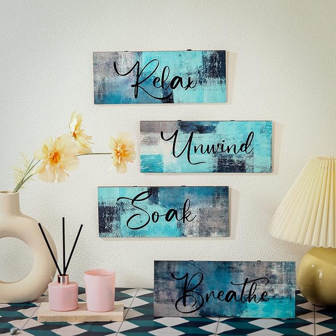 Maitys 4 Pcs Bathroom Wall Decor 10 x 4 Inch Bathroom Wall Art Contemporary Wood Restroom Pictures for Soak Unwind Relax Hanging Sign Spa Rustic Vintage Farmhouse Pediments(Turquoise and Grey)