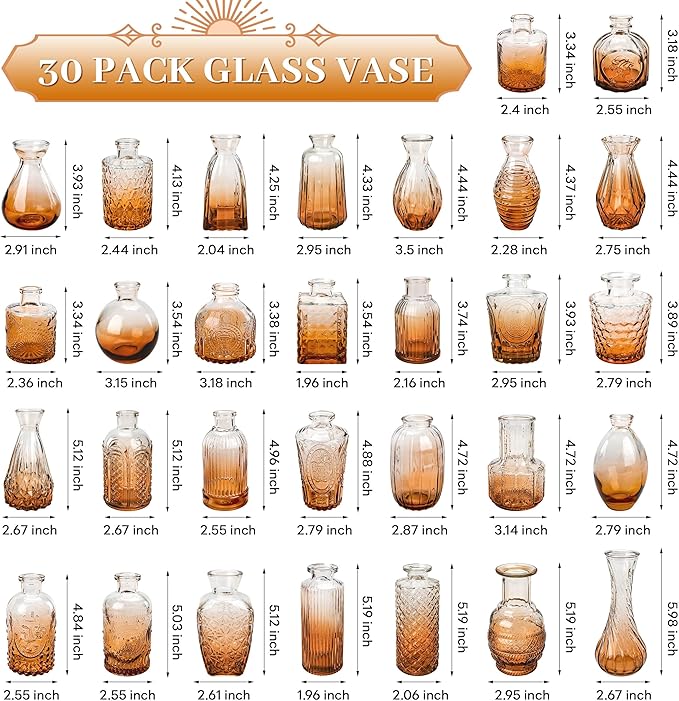 Der Rose Amber Glass Bud Vases Set of 30, Small Bud Vases for Flowers, Rustic Wedding Centerpieces and Home Decor