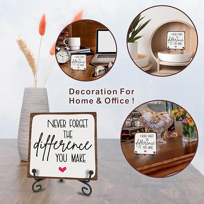 Wooden Motivational Office Desk Decor 4in - Never Forget The Difference You Make - Positive Reminder Inspirational Plaque with Stand for Home Office Desk Decor & Accessories Gift for Women Men- A17