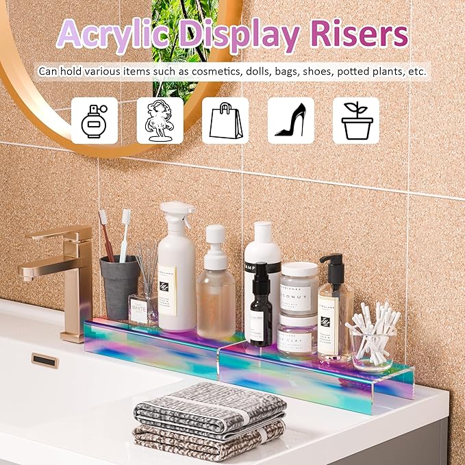 Sezanrpt Acrylic Shelf Riser 12x4.3x2 pack of 2, Iridescent Display Shelf 12” for Shoes, Glasses, Plants, Home Decors, Perfume, 12x4.3x2 Inch