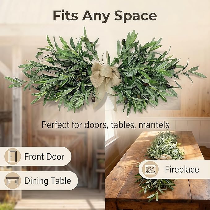 26" Farmhouse Olive Leaf Greenery Swag with Premium Burlap Bow Realistic Faux Olive Branch Door Decor for Front Door, Wall, Mantel, Table, Kitchen, Bathroom, Weddings & Seasonal Styling (Green 1Pcs)