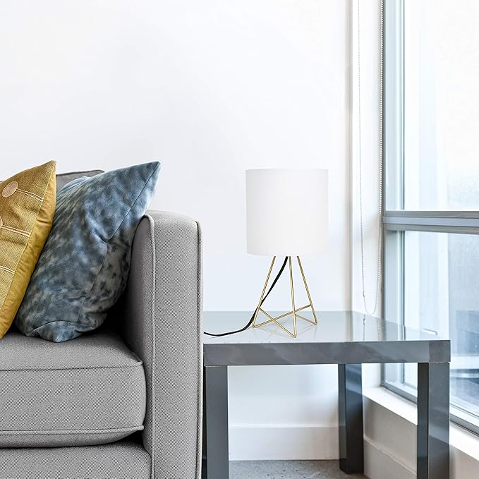 Simple Designs LT2066-GDW-LB 14" Down to The Wire Table Lamp for Bedroom, Living Room, Entryway, Office, Gold with White Shade, with Feit LED Bulb Included