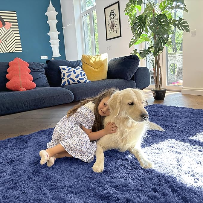 OLANLY 5x7 Machine Washable Large Area Rugs for Living Room, Bedroom, Soft Fluffy Shaggy Bedside Rug, Indoor Floor Carpet for Kids Girls and Boys, Dorms, Nursery, Home Decor Aesthetic, Denim Blue