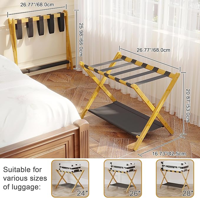2 Pack Bamboo Luggage Rack for Guest Room, 26.77" Folding Wide Suitcase Stand with Fabric Storage Shelf, Thickened Luggage Stand Holder for Bedroom Hotel, Luggage Rack for Suitcases (2 Pack - Natural)