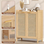 Rattan Shoe Storage Cabinet, 5-Tier Shoe Cabinet for Entryway, Wooden Shoe Rack Organizer with Doors and Adjustable Shelves, for Entryway, Hallway, Living Room, Natural Oak