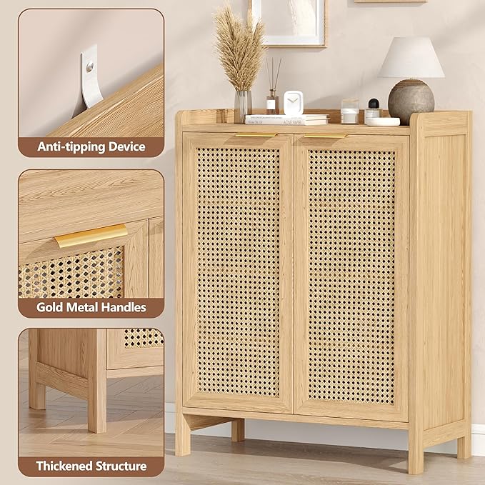 Rattan Shoe Storage Cabinet, 5-Tier Shoe Cabinet for Entryway, Wooden Shoe Rack Organizer with Doors and Adjustable Shelves, for Entryway, Hallway, Living Room, Natural Oak