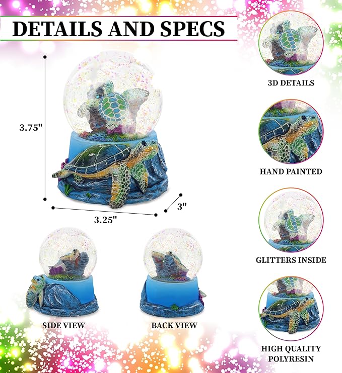 CoTa Global Sea Turtle Snow Globe Decor - Elegant Pink Sparkle Glitter Inside The Snow Globe Figure, Animal Figurines for Kids and Adults, Collectible Snow Globes for Birthday, Christmas - 65 mm