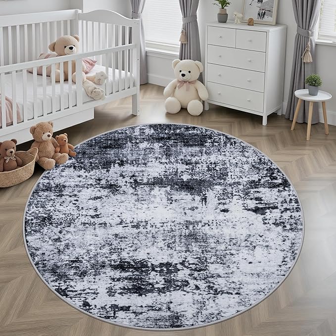 Round Area Rug for Living Room: 4 ft Washable Modern Abstract Soft Thin Rug Indoor Floor No Slip Stain Resistant Carpet for Bedroom Dining Room Farmhouse Nursery Home Office - Black