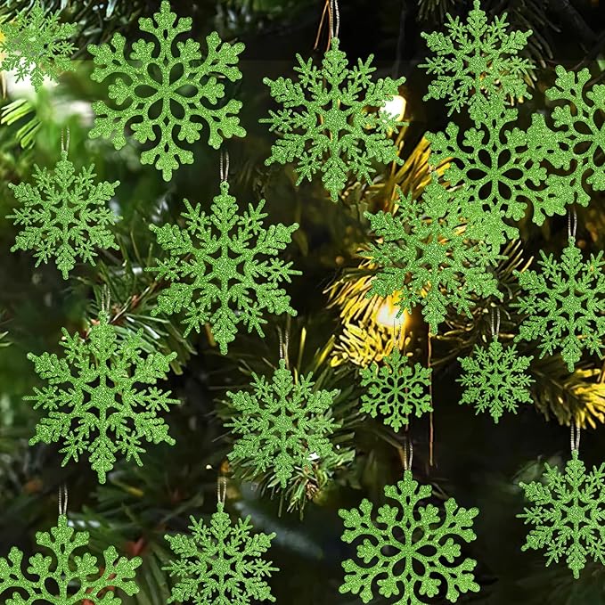 36pcs Christmas Lime Green Snowflake Ornaments，Plastic Lime Green Snow Flakes Hanging Ornaments for Christmas Tree Decor Winter Wonderland Frozen Birthday Party Holiday Home Decor Craft Snowflake