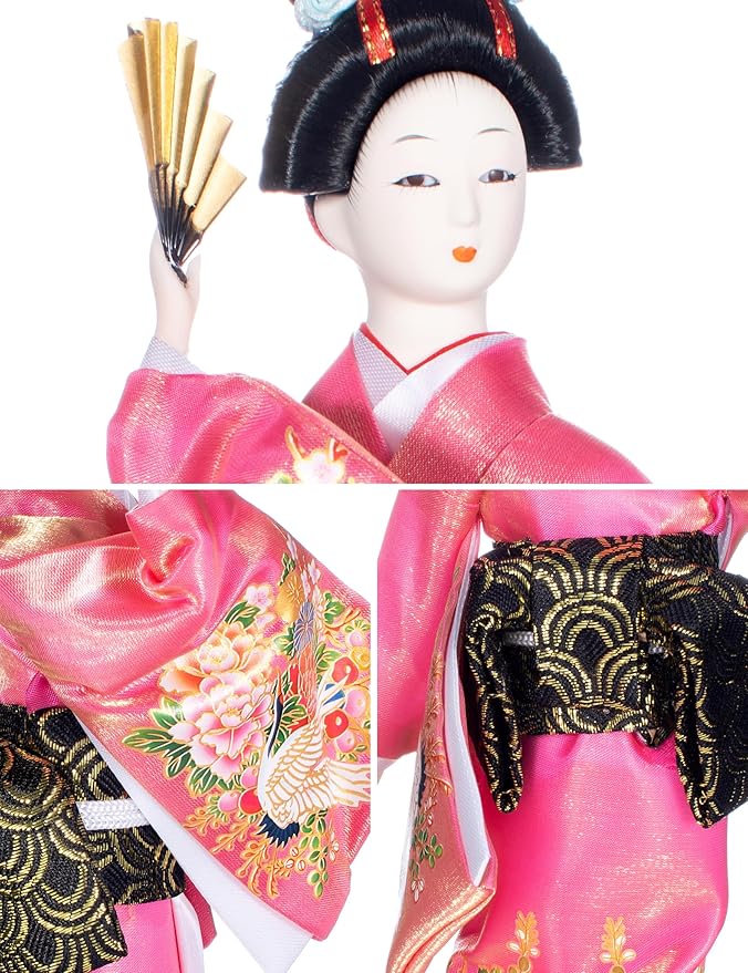 ALAMIYA Home Decoration Asian Japanese Geisha Kimono Doll Collectible Figurine Gift with Paper Fan