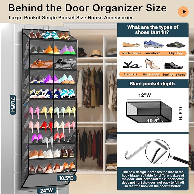 10-Tier Over the Door Shoe Organizer, 20 Pockets Holds 20-30 Pairs, Heavy-Duty Oxford Fabric with Hexagon Mesh for Boots & Sneakers-Dark Gray