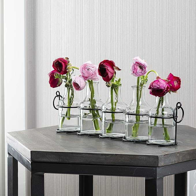 5pc Glass Flower Vase with Metal Holder, Best Vases for Flowers, Set for Home Decor, Wedding Decorations, Table Decor, Kitchen, Bathroom, Bedroom, Shelf Decor, Best Modern Vase for Flower Arrangement