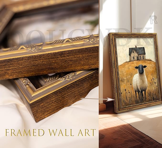 Vintage Gold Framed Wall Art Retro Country Sheep Oil Painting Canvas Prints Farmhouse Landscape Picture Wall Decor Rustic Farmhouse Animal Poster Artwork for Living Room Bedroom Bathroom, 9x11in