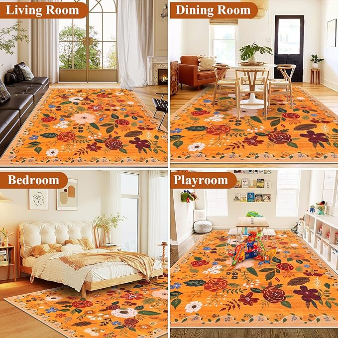U'Artlines 6x9ft Fall Floral Area Rug, Machine Washable Ultra Soft Low Pile Non Slip Non Shedding Accent Floor Carpet for Living Room, Bedroom, Dining Room, Office (Orange)