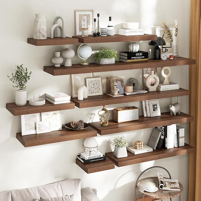 16 Inch Floating Shelves for Wall Set of 2, 12"D Wood Grain Bathroom Shelves with Invisible Brackets, Easy Install Engineered Wood Storage Shelves for Kitchen, Living Room, Bedroom, Walnut Finish