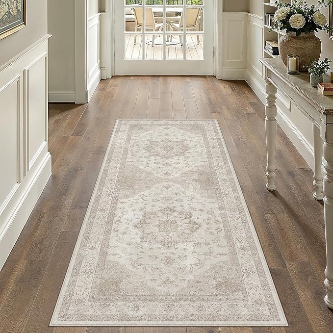 Beige Area Rug 2x4 Washable Vintage Carpet Entryway Kitchen Soft Retro Low Pile Thin Door Mat Non Slip Oriental Medallion Throw Small Rug for Bathroom Office Bedroom Dining Room