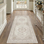 Beige Runner Rug 2x5 Washable Vintage Carpet Hallway Kitchen Soft Retro Low Pile Thin Indoor Bedroom Non Slip Oriental Medallion Long Throw Rug for Bathroom Laundry Dining Room