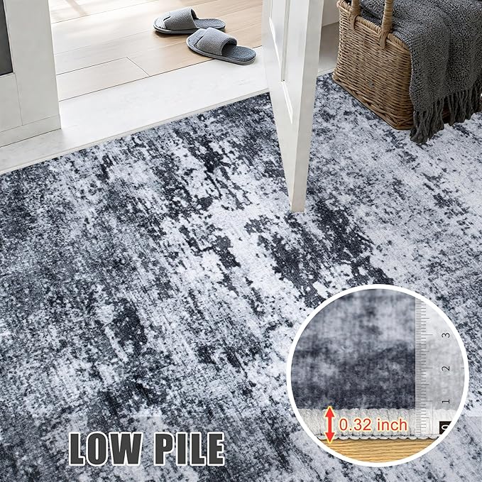 Washable Area Rug 3x5 Entryway Rug: Washable Modern Abstract Soft Thin Rug Indoor Floor No Slip Stain Resistant Carpet for Bedroom Dining Room Farmhouse Nursery Home Office - Black