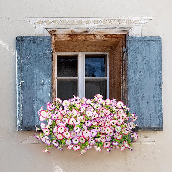 Artificial Flowers for Outdoor Spring Summer Decoration, 10 Bundles Fake Plastic Flower Plant, Faux Colorful Silk Morning Glory Eucalyptus for Outside Garden Porch Front Door Decor, Pink