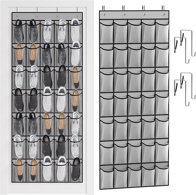 WVM Over the Door Shoe Organizer with 35 Breathable Mesh Pockets, Hanging Shoe Organizer for Door with 4 Metal Hooks, Large Capacity Closet Storage for Shoes, Accessories, Grey