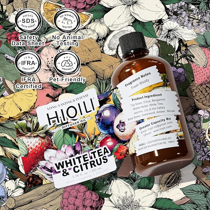 HIQILI White Tea & Citrus Diffuser Oil, Hotel Collection Scented Fragrance Oil for Ultrasonic Diffuser, Relaxing Aromatherapy, Home & Office - 3.38 Fl Oz