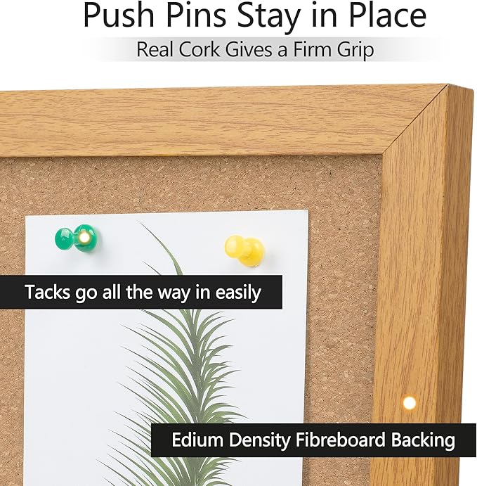Cork Board Bulletin Board 18" x 24", Wood Framed Corkboards for Wall Decor, Hanging Office Message Board, Large Wall Mounted Notice Pin Board with 15 Push Pins for School, Home & Office